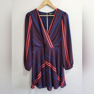 Express Long Sleeve Striped V-Neck Mini Dress Size Medium